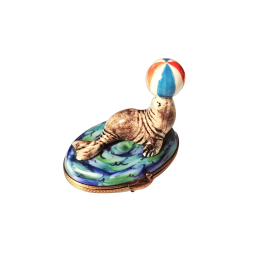 Seal with Beach Ball for Ocean Lovers Porcelain Limoges Limoges Ocean Fish beach Limoges Boxes French Trinket Box