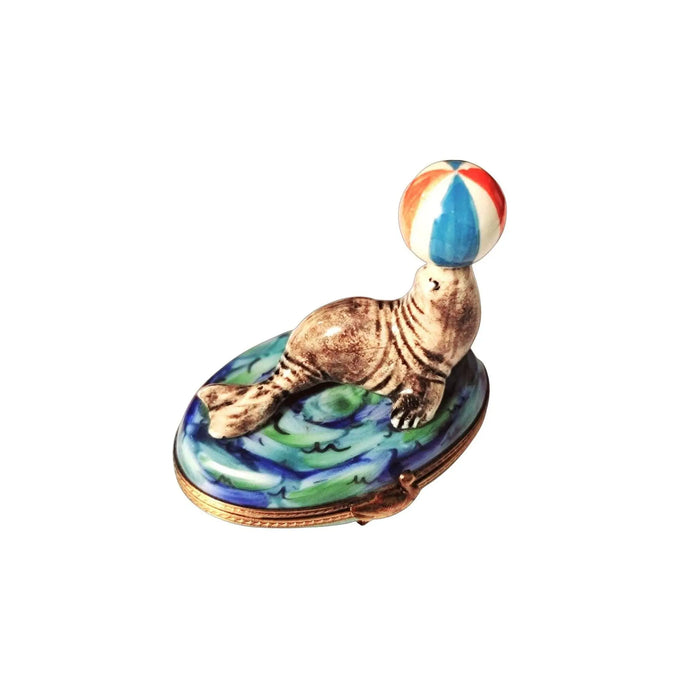 Seal with Beach Ball for Ocean Lovers Porcelain Limoges Limoges Ocean Fish beach Limoges Boxes French Trinket Box