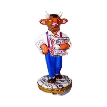 Treasured French collectible: Stock Market Bull Cow Limoges box, painted by hand