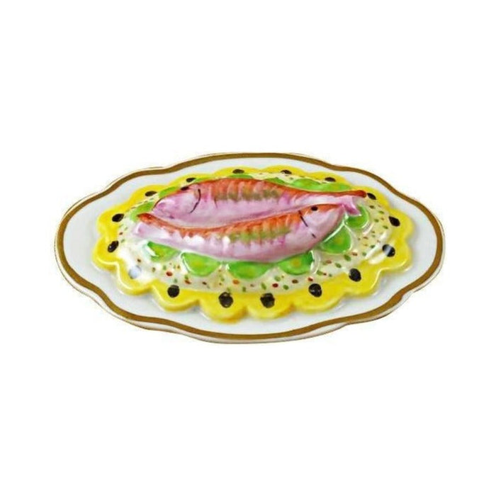 Limoges Boutique presents the Rochard Two Fish on a Platter, a genuine Limoges box painted by hand in France