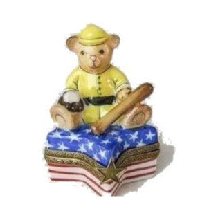 Underside of the USA Teddy Bear Baseball Star Limoges box with the maker's marks collectors look for