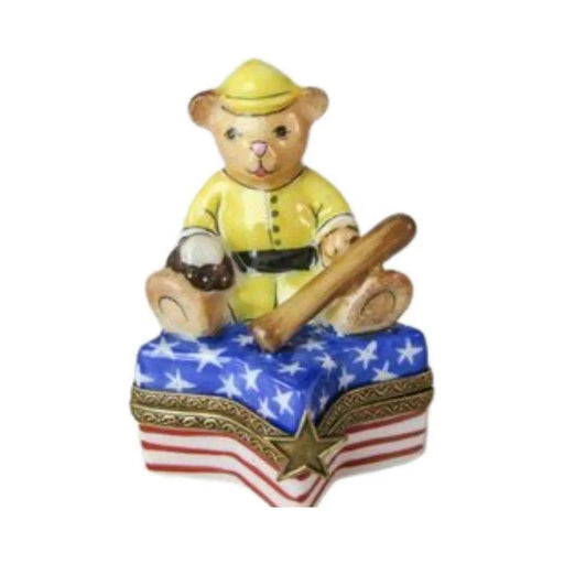 Limoges Boutique presents the USA Teddy Bear Baseball Star, a genuine Limoges box painted by hand in France