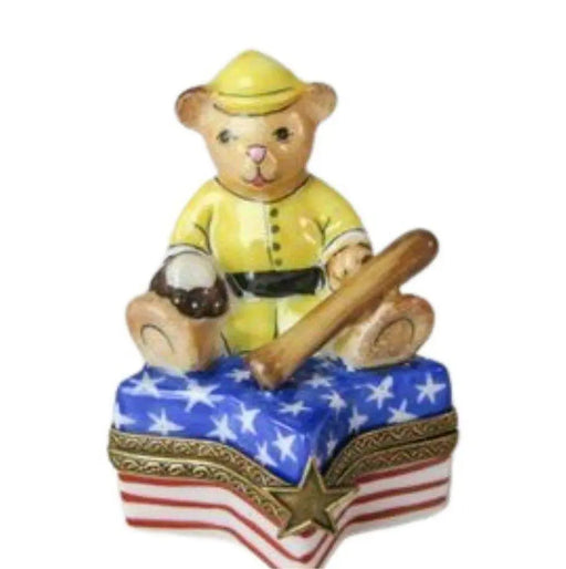 USA Teddy Bear Baseball Figurine Porcelain Limoges Teddy united states sports French Trinket Box