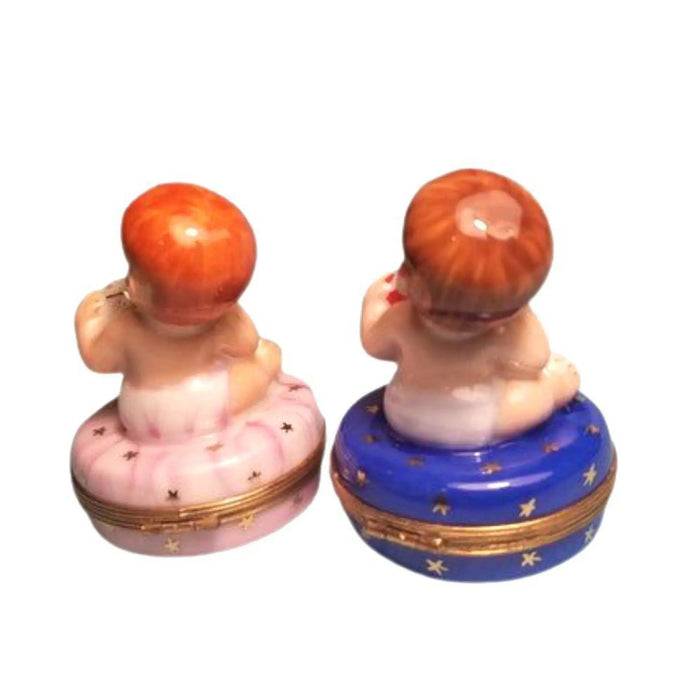 Pair Year 2000 Baby Figurines for Nursery Decor Porcelain Limoges Babies Figurine French Trinket Box