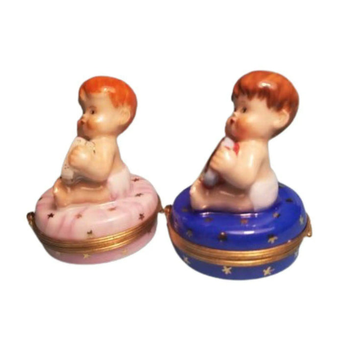 Pair Year 2000 Baby Figurines for Nursery Decor Porcelain Limoges Babies Figurine French Trinket Box