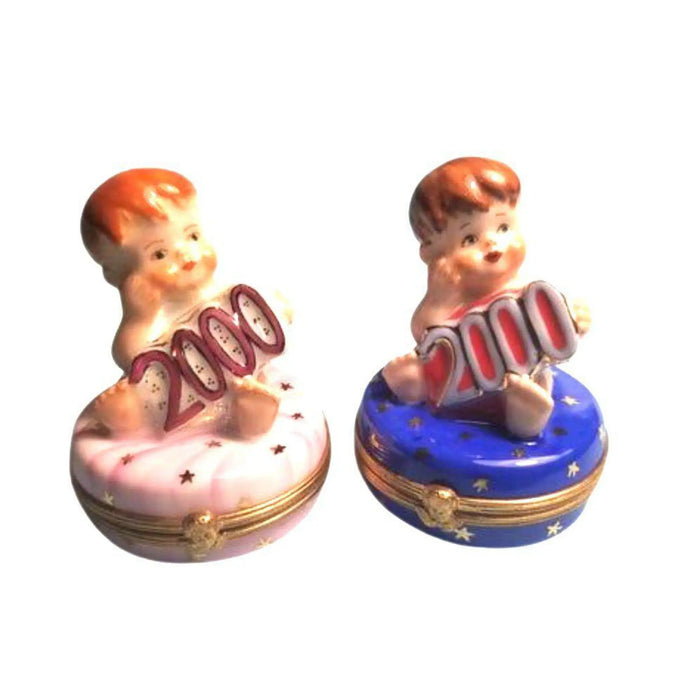 Pair Year 2000 Baby Figurines for Nursery Decor Porcelain Limoges Babies Figurine French Trinket Box