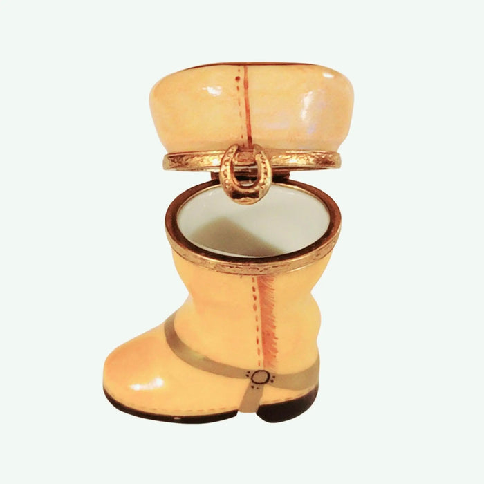 Yellow Cowboy Boot for Collectors Porcelain Limoges shoes farm animals French Trinket Box
