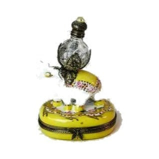Artisan-painted Yellow Imperial Elephant Perfume Limoges box from France, a cherished collectible