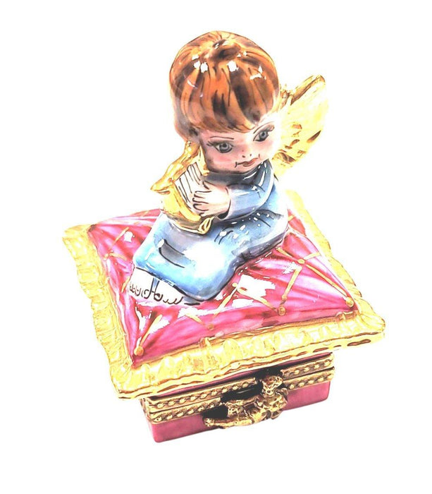 Angel w Harp on Pink Pillow Detailed Piece Limoges Box Figurine - Limoges Box Boutique