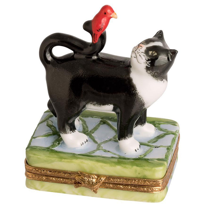 B And W Cat w Red Bird Limoges Box Figurine - Limoges Box Boutique