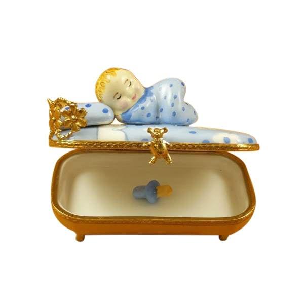 Baby in Blue Bed with Pacifier Limoges Box - Limoges Box Boutique