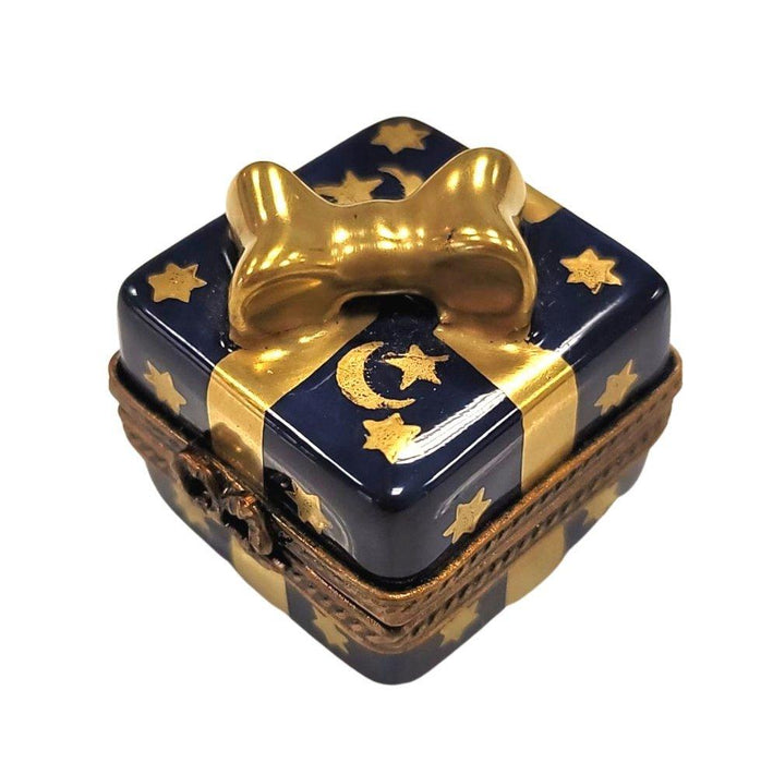 Blue Mini Moon Stars Present Gift Box Gold Bow Limoges Box Figurine - Limoges Box Boutique