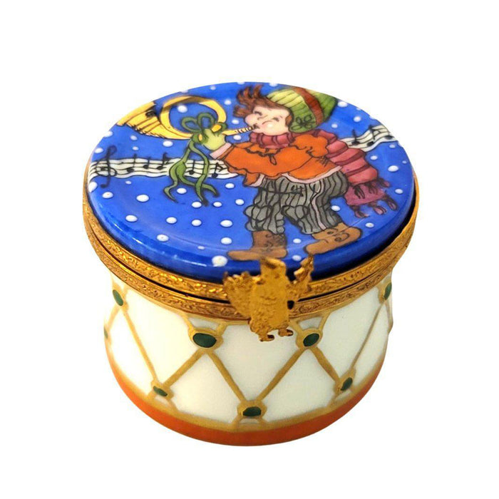 Boy Playing Horn on Winter Drum Limoges Box Figurine - Limoges Box Boutique