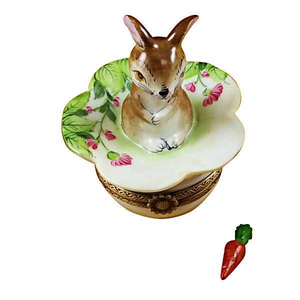 Brown Bunny on Leaf with Removable Carrot Limoges Box - Limoges Box Boutique