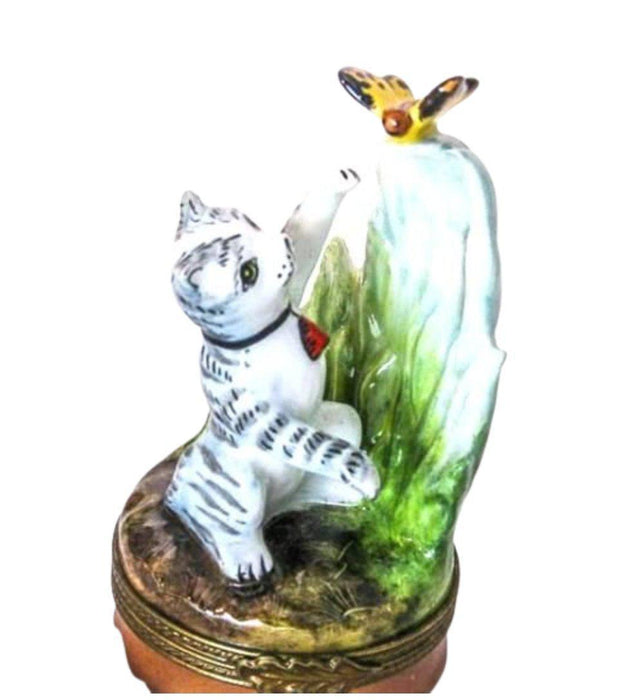 Cat and Butterfly Porcelain Limoges Trinket Box - Limoges Box Boutique