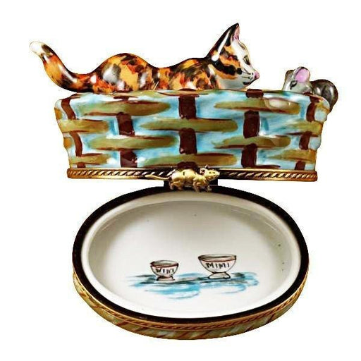 Cat in Basket with Mouse Limoges Box - Limoges Box Boutique