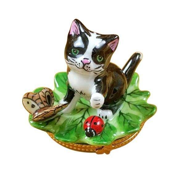 Cat on Leaf with Ladybug and Butterfly Limoges Box - Limoges Box Boutique