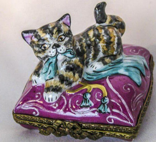 Cat on Pink Pillow Porcelain Limoges Trinket Box - Limoges Box Boutique