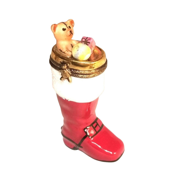 Christmas Boot Stocking w Teddy Bear presents Limoges Box Figurine - Limoges Box Boutique