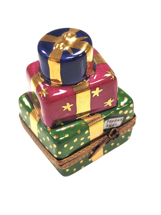 Christmas Presents Teddy Bear inside Stacked Gift Box Gold Bow Limoges Box Figurine - Limoges Box Boutique