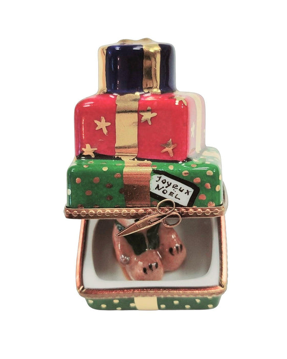 Christmas Presents Teddy Bear inside Stacked Gift Box Gold Bow Limoges Box Figurine - Limoges Box Boutique