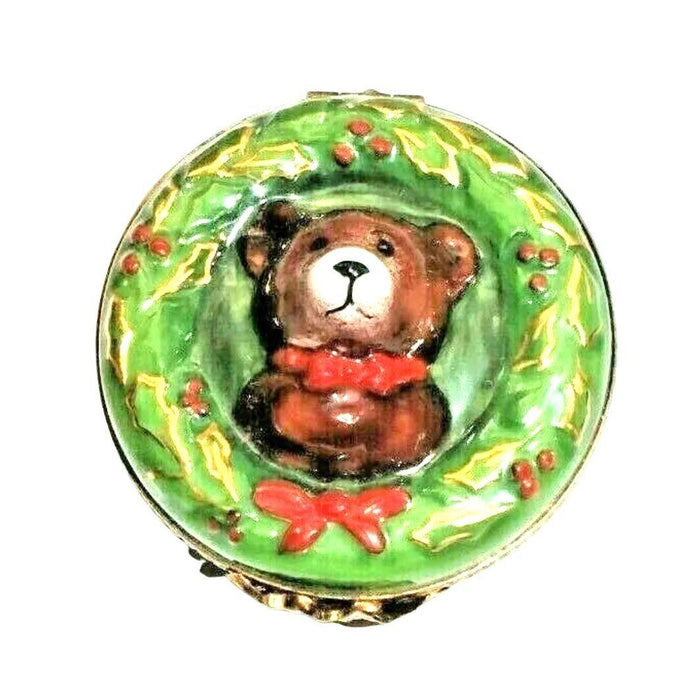 Christmas Teddy Bear Wreath Limoges Box Figurine - Limoges Box Boutique