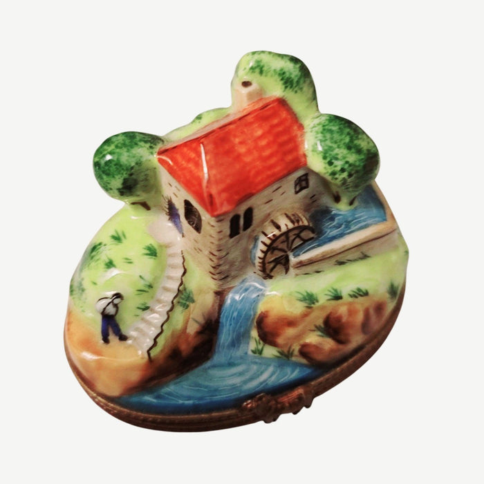 Cottage on Hill w River Country House Home Limoges Box Figurine - Limoges Box Boutique