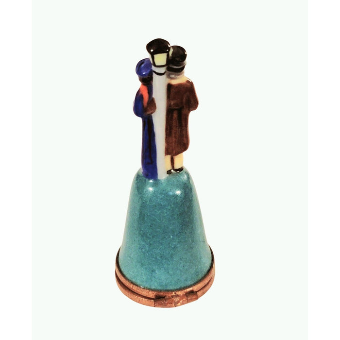 Dickens Christmas Carolers on Bell beside Lamp Post English on Bell Limoges Box Figurine - Limoges Box Boutique