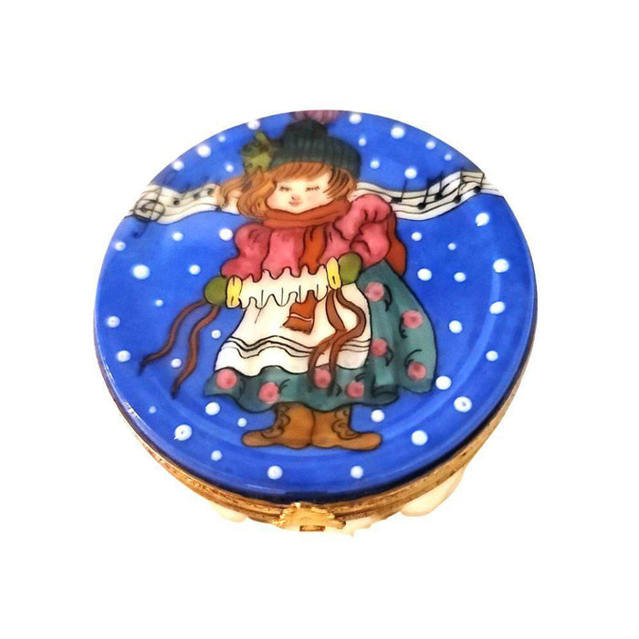 Girl Accordian in Winter Snow on Drum Christmas Caroler Limoges Box Figurine - Limoges Box Boutique