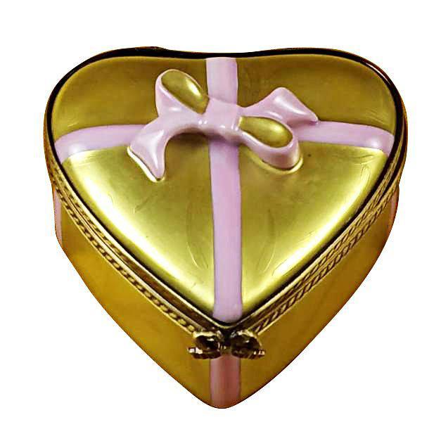 Gold Heart w Pink Bow & Chocolates Love - Limoges Box Boutique