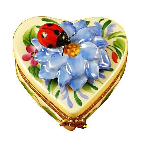 Heart Blue Flower w Ladybug Limoges Trinket Box - Limoges Box Boutique