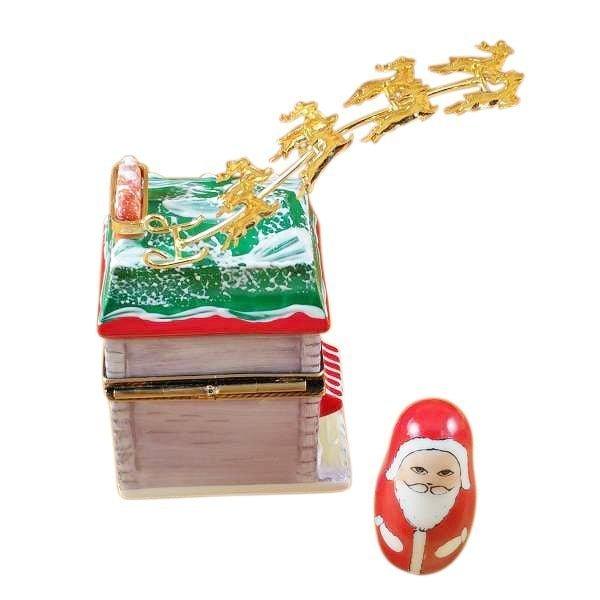 House with Santa and Brass Reindeer Limoges Box - Limoges Box Boutique
