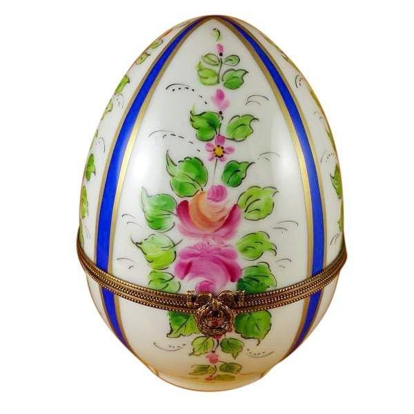 Large Blue Striped Limoges Porcelain Egg with Flowers Trinket Box - Limoges Box Boutique