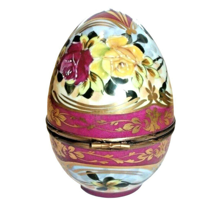 Large Red Limoges Porcelain Egg 5" Flowers Porcelain Limoges Trinket Box - Limoges Box Boutique