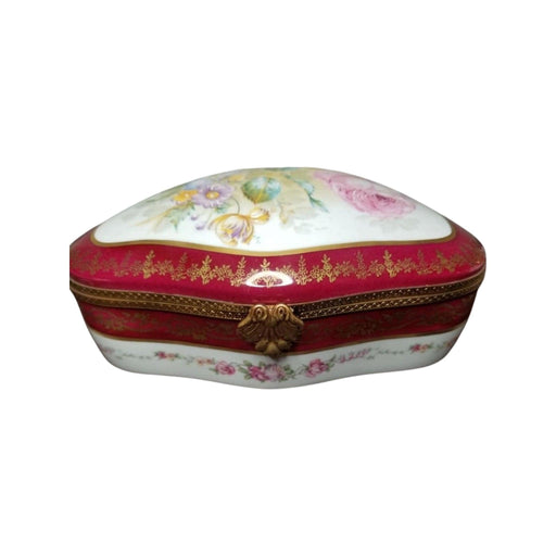 Maroon Chest - Flowers JEWELRY BOX Limoges Box - 9" x 5 1/2" x 3" Limoges Box - Limoges Box Boutique