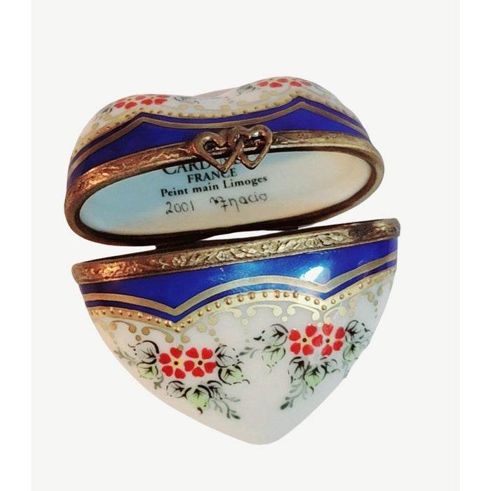 Medium Blue Gold Heart w Strip Red Flowers. Limoges Trinket Box - Limoges Box Boutique