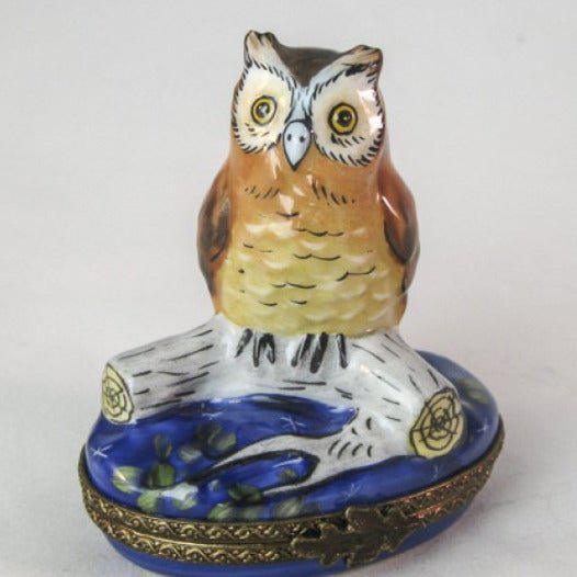 Owl on Branch Porcelain Limoges Trinket Box - Limoges Box Boutique
