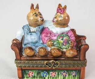 Rabbits on Bench Porcelain Limoges Trinket Box - Limoges Box Boutique