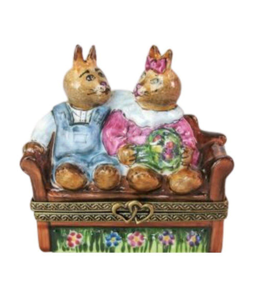 Rabbits on Bench Porcelain Limoges Trinket Box - Limoges Box Boutique