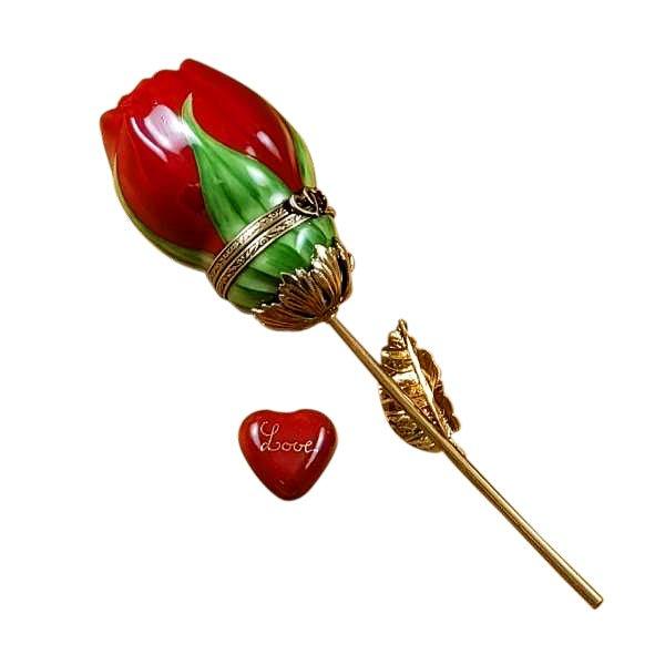 Red Rose with Gold Stem Love Heart Limoges Trinket Box - Limoges Box Boutique