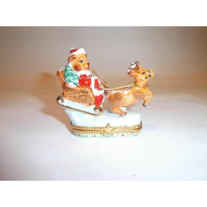 Santa Claus Teddy Bear on Sleigh w Reindeer Limoges Box Figurine - Limoges Box Boutique
