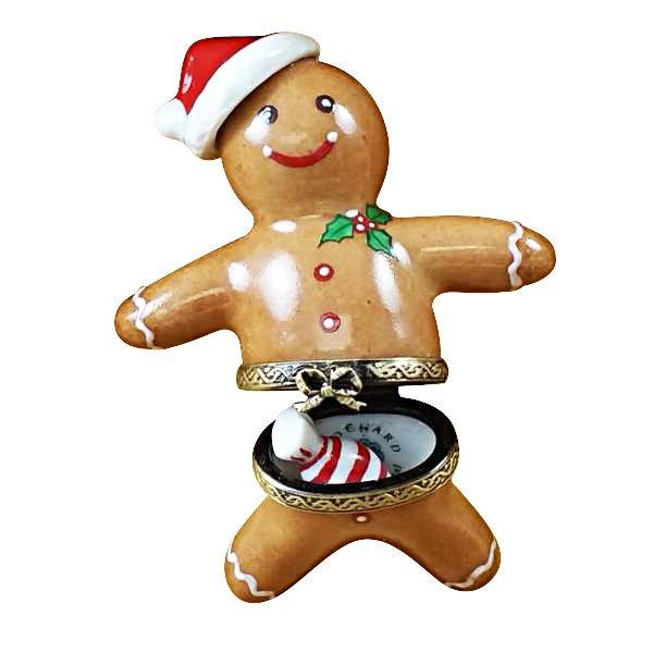 Santa Gingerbread Man with 3D Hat and Removable Peppermint Candy Limoges Box - Limoges Box Boutique