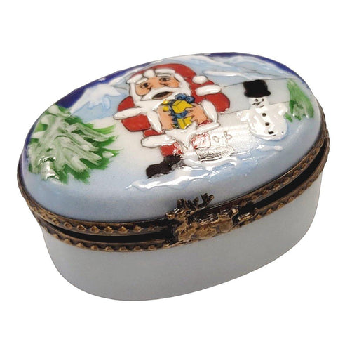 Santa w Snowman Oval Limoges Box Figurine - Limoges Box Boutique