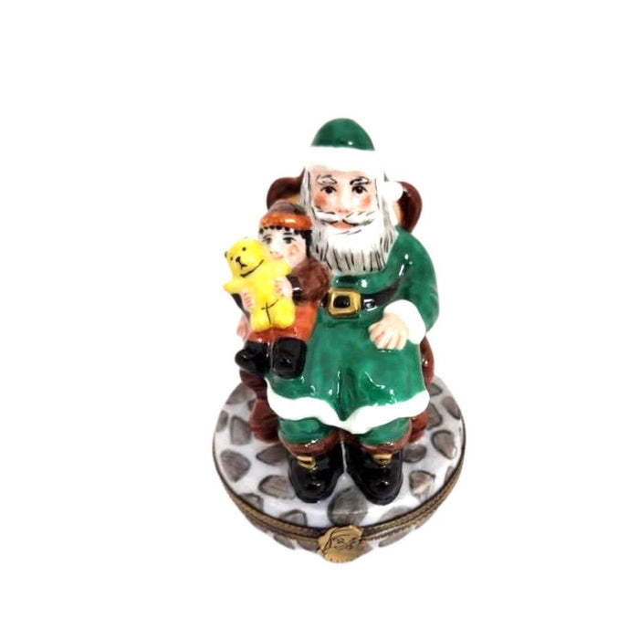 Santa with Child on Lap w Green Coat Limoges Box Figurine - Limoges Box Boutique