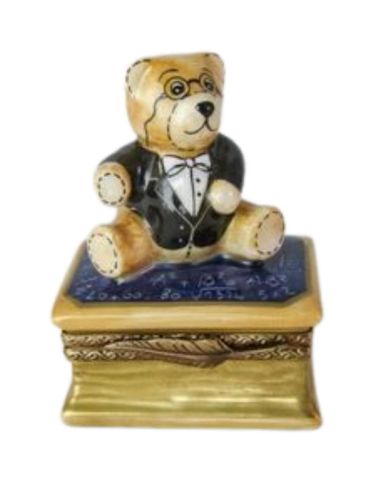 School Teddy Bear on Book Porcelain Limoges Trinket Box - Limoges Box Boutique