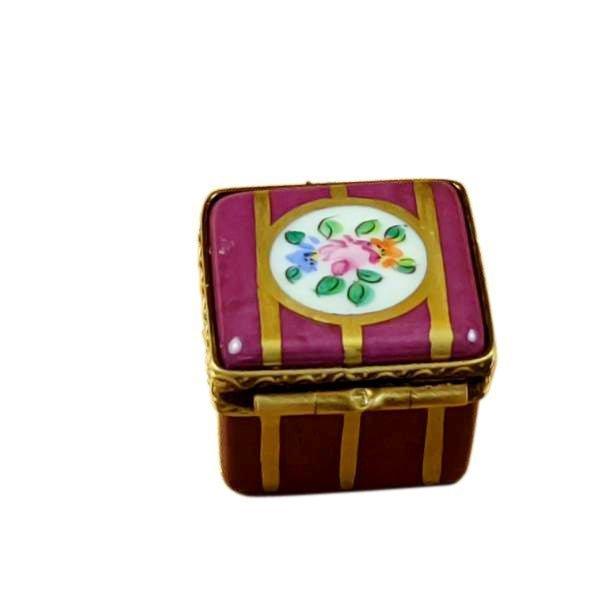 Small Burgundy Square with Gold Stripes and Flowers Porcelain Limoges Trinket Box - Limoges Box Boutique
