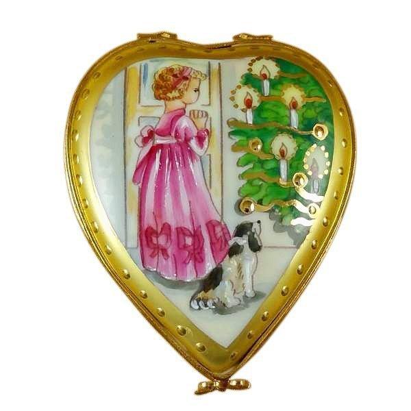 Studio Collection - Heart Little Girl Christmas Tree and Dog Limoges Trinket Box - Limoges Box Boutique