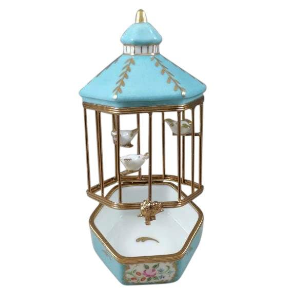 Pastel Blue Bird Cage with 3 Gold Birds Limoges Box - Limoges Box Boutique