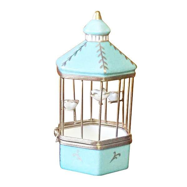 Pastel Blue Bird Cage with 3 Gold Birds Limoges Box - Limoges Box Boutique