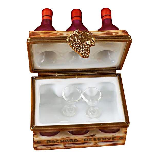 Wine Bottles in Crate with Two Glasses Limoges Box - Limoges Box Boutique